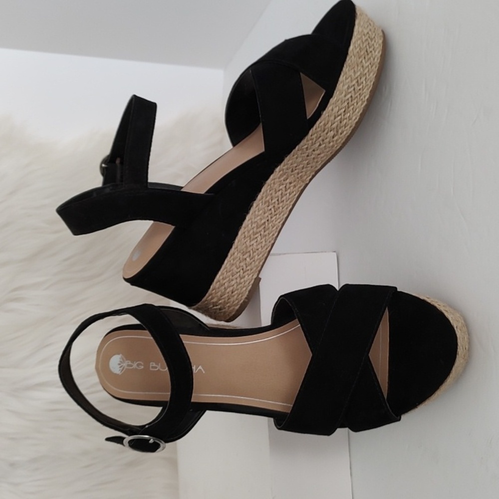 Big Buddha Black Espadrille Wedge/Platform Sandals/ Size 9